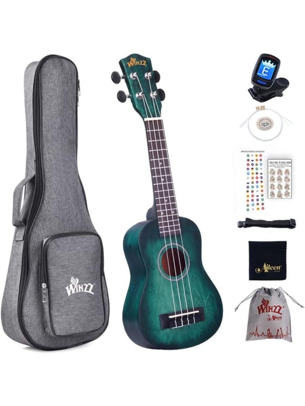 21-Inch Soprano Ukulele Beginner Kit for Kids & Adults - Blue-Green with 8